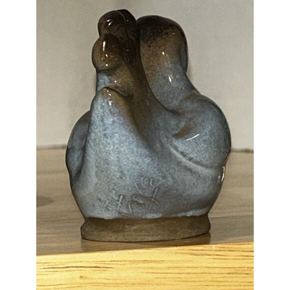 Pie Bird Signed Peter Pots Art Pottery Blue Brown Modern Hen Chicken Mottled - Picture 3 of 12